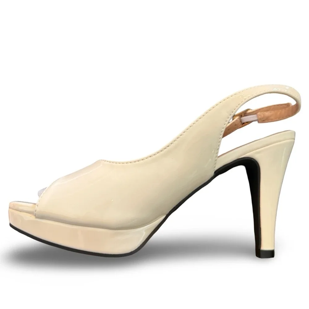 Ivory Cream Patent Slingback Peep Toe Platform Stiletto Pumps Sz 6 CN37 NEW - Picture 7 of 14